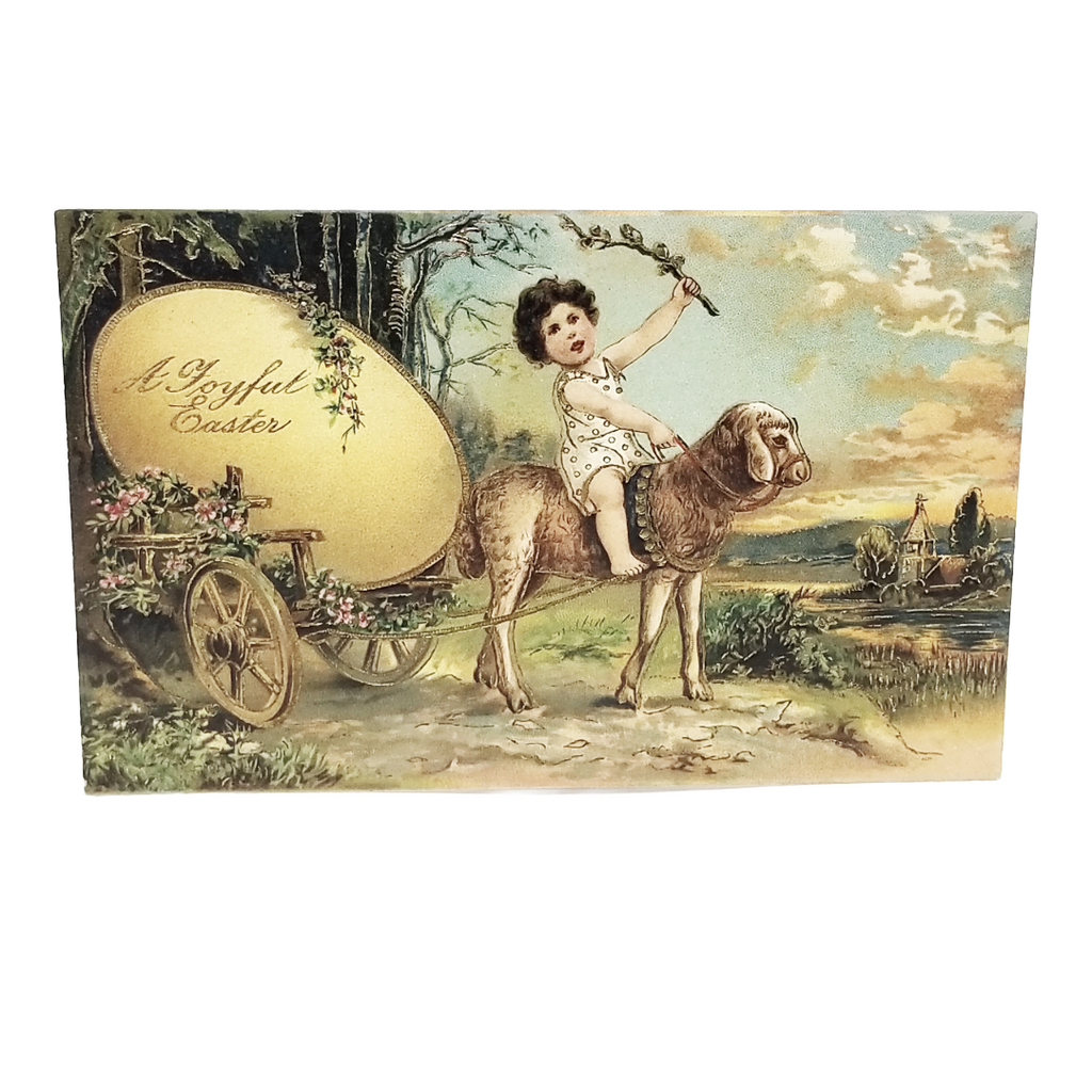 Easter Postcard Cherub Riding Lamb Pulling Egg Cart PFB Pub Gold Embossed