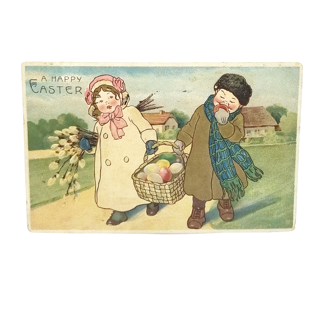 Easter Postcard Children Strolling Down Lane Painted Eggs in Basket