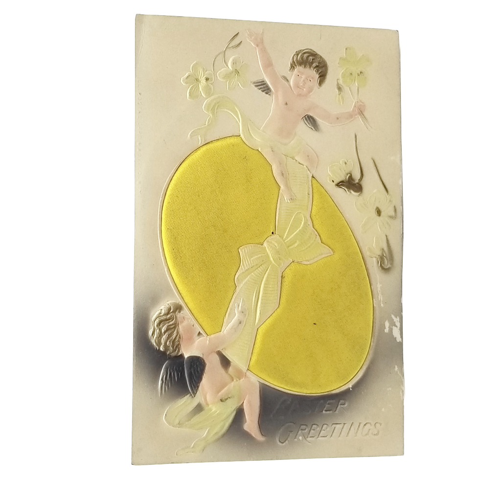Easter Postcard Airbrush Style Cherubs on Giant Yellow Egg