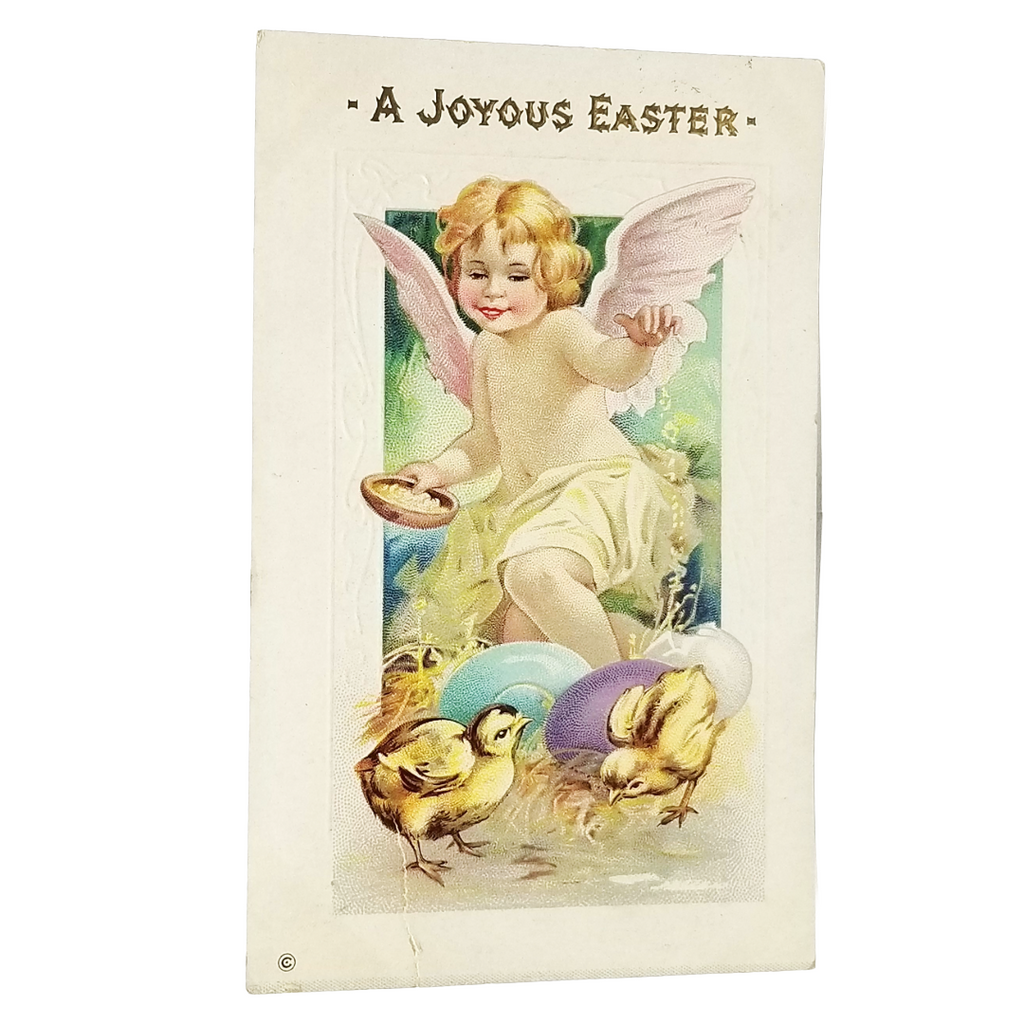 Easter Postcard Angel Cherub Feeding Baby Chicks Over Painted Eggs