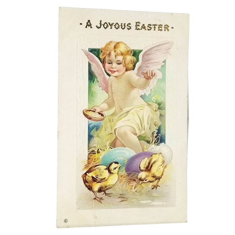 Easter Postcard Angel Cherub Feeding Baby Chicks Over Painted Eggs
