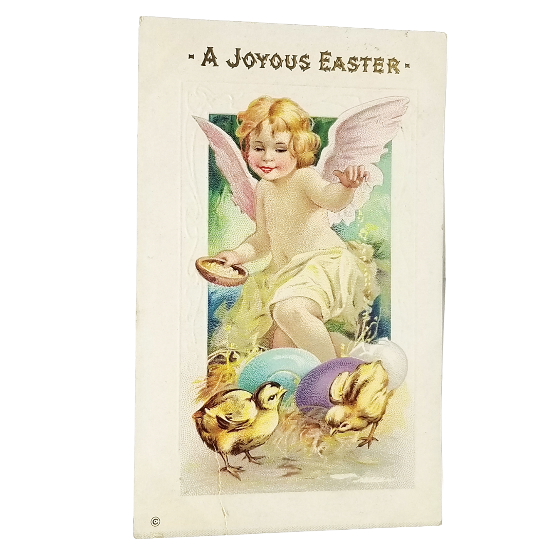 Easter Postcard Angel Cherub Feeding Baby Chicks Over Painted Eggs