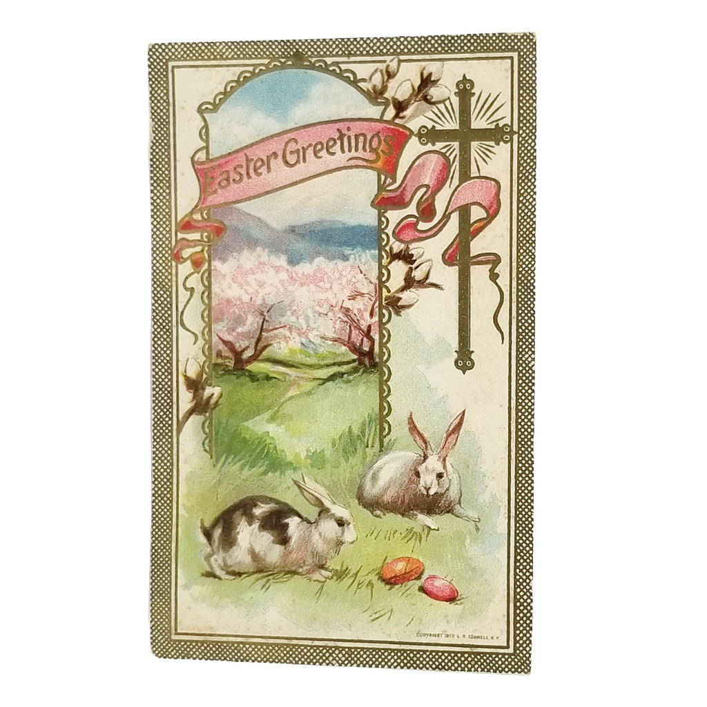 Easter Postcard Bunny Rabbits in Grass, Painted Eggs, Cross, Pink Blossoms Series 353