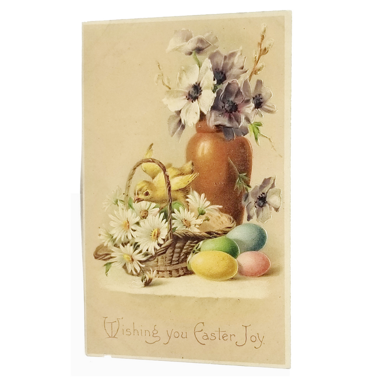 Easter Postcard Baby Chick Painted Eggs & Flowers on Table Series 315