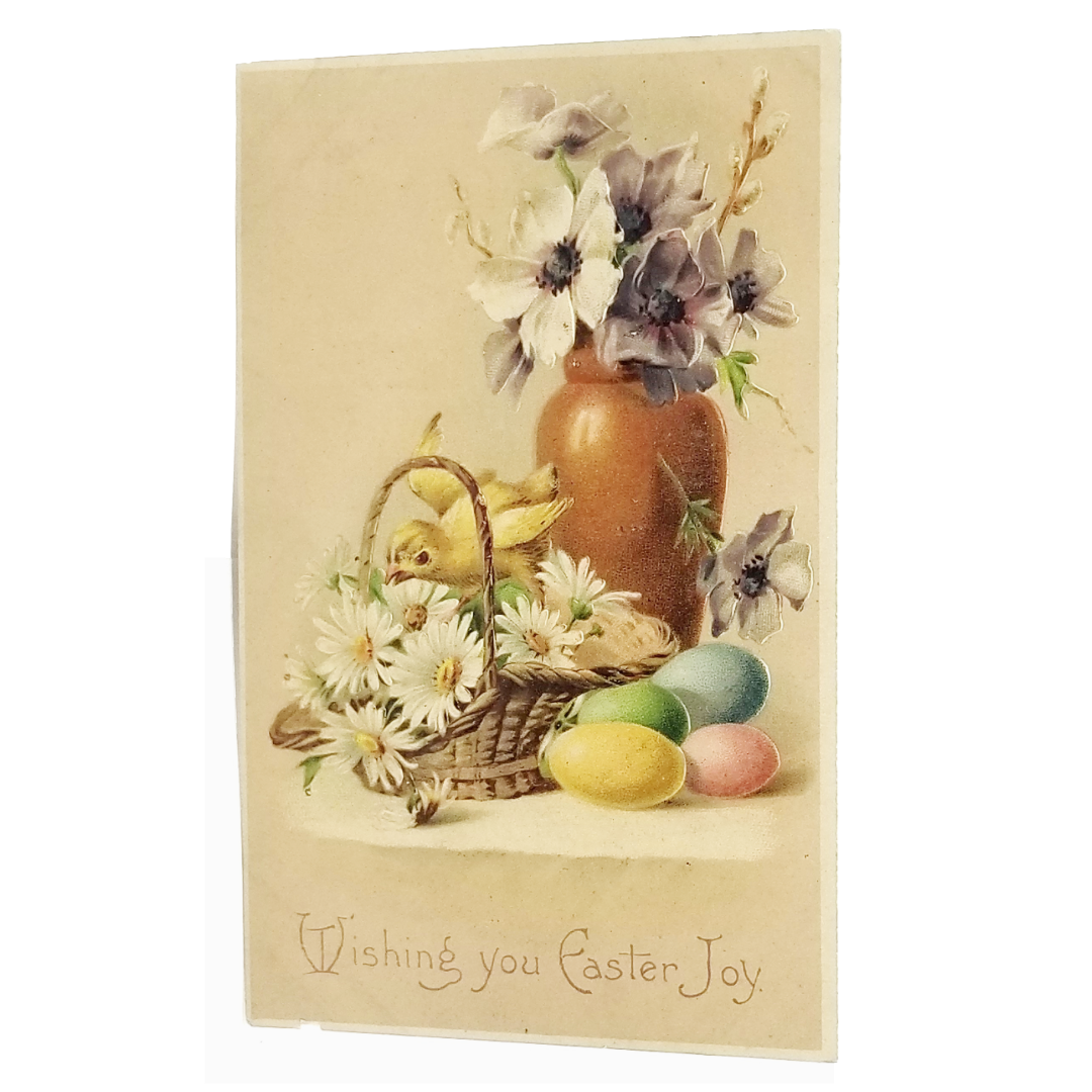 Easter Postcard Baby Chick Painted Eggs & Flowers on Table Series 315