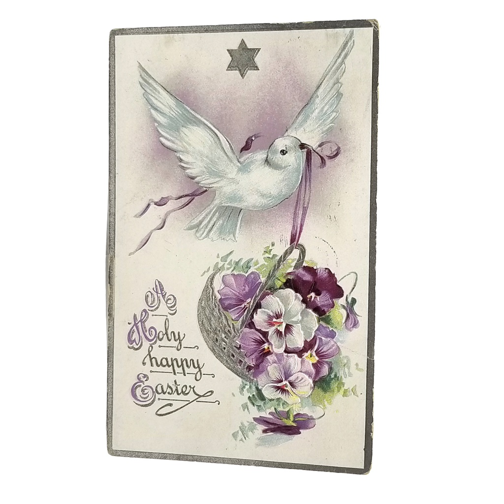 Easter Postcard White Dove Carrying Purple Pansy Flowers Silver Embossed