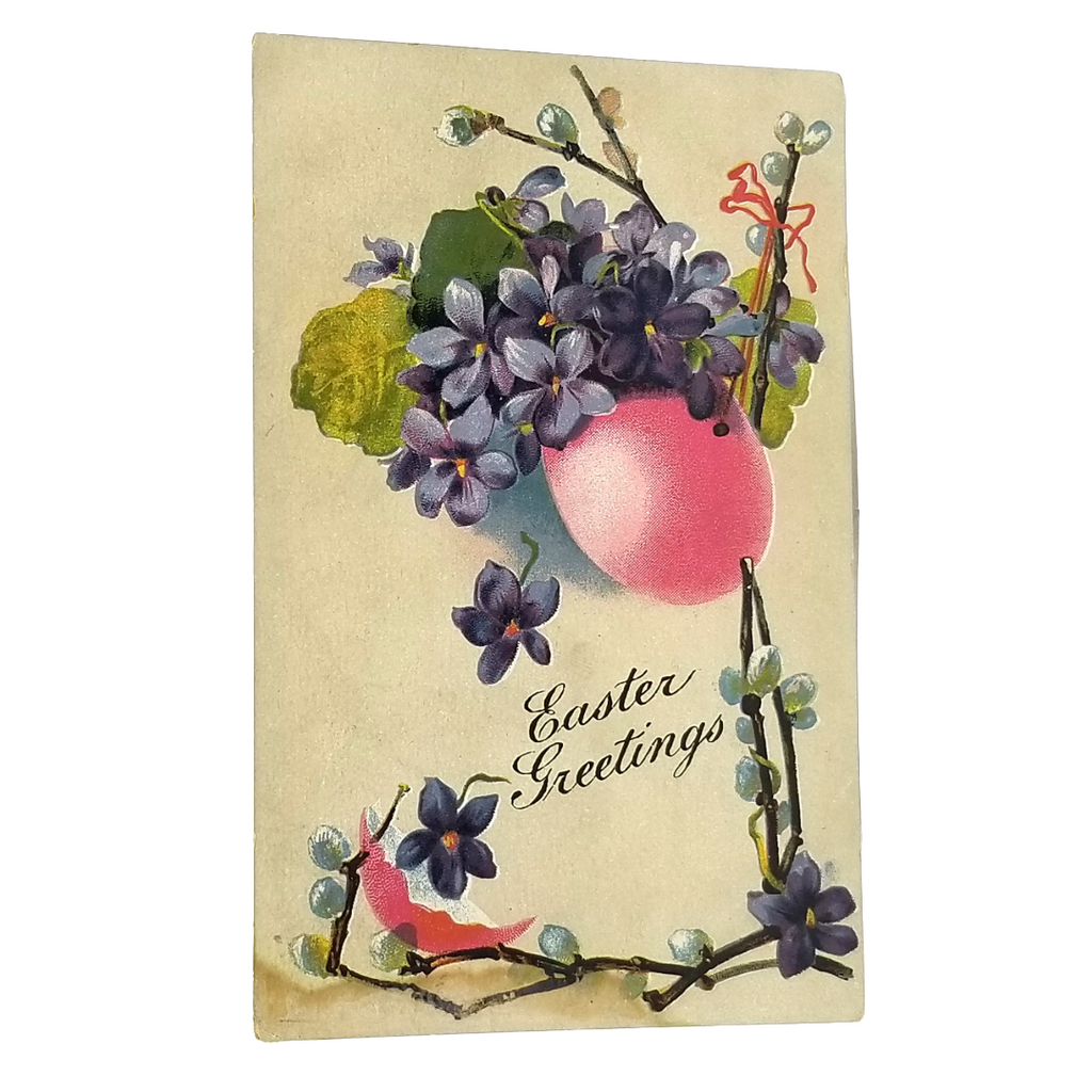 Easter Postcard Violets and Flowers in Hanging Pink Egg