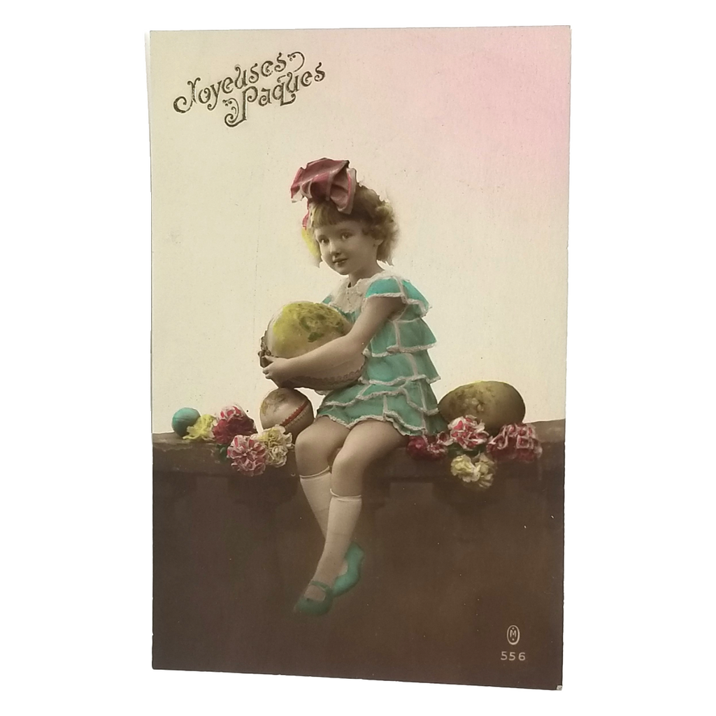 Easter Postcard French RPPC Child Holding Giant Egg Hand Tinted