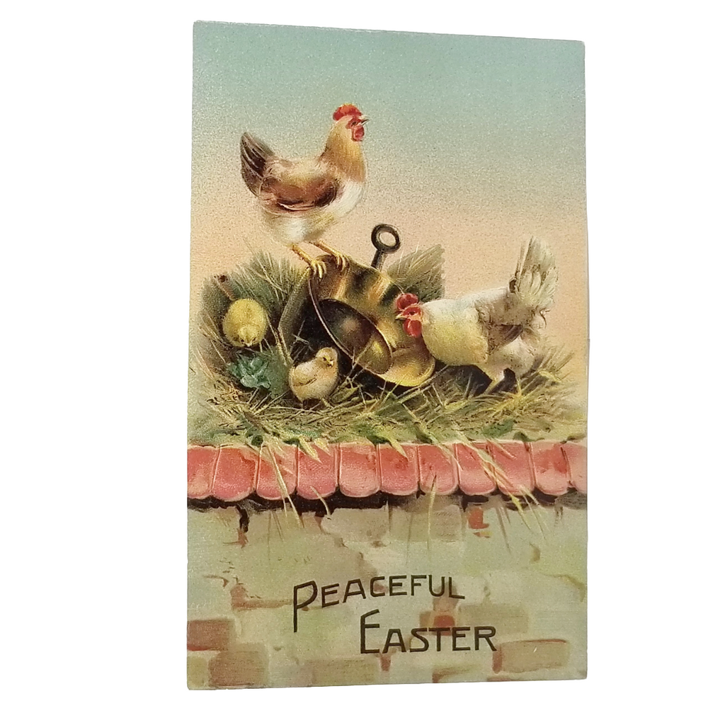 Easter Postcard Chicken Family with Copper Pot in Straw