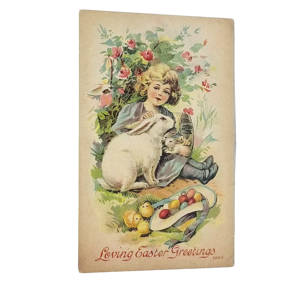 Easter Postcard Child Petting White Bunny Rabbits Painted Eggs in Bonnet