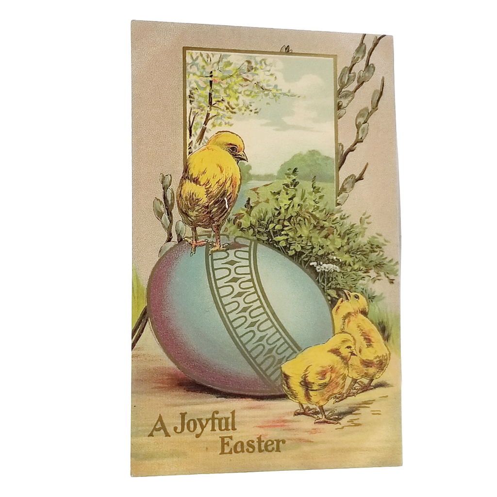 Easter Postcard Baby Chicks on Blue Eggs Gold Highlights