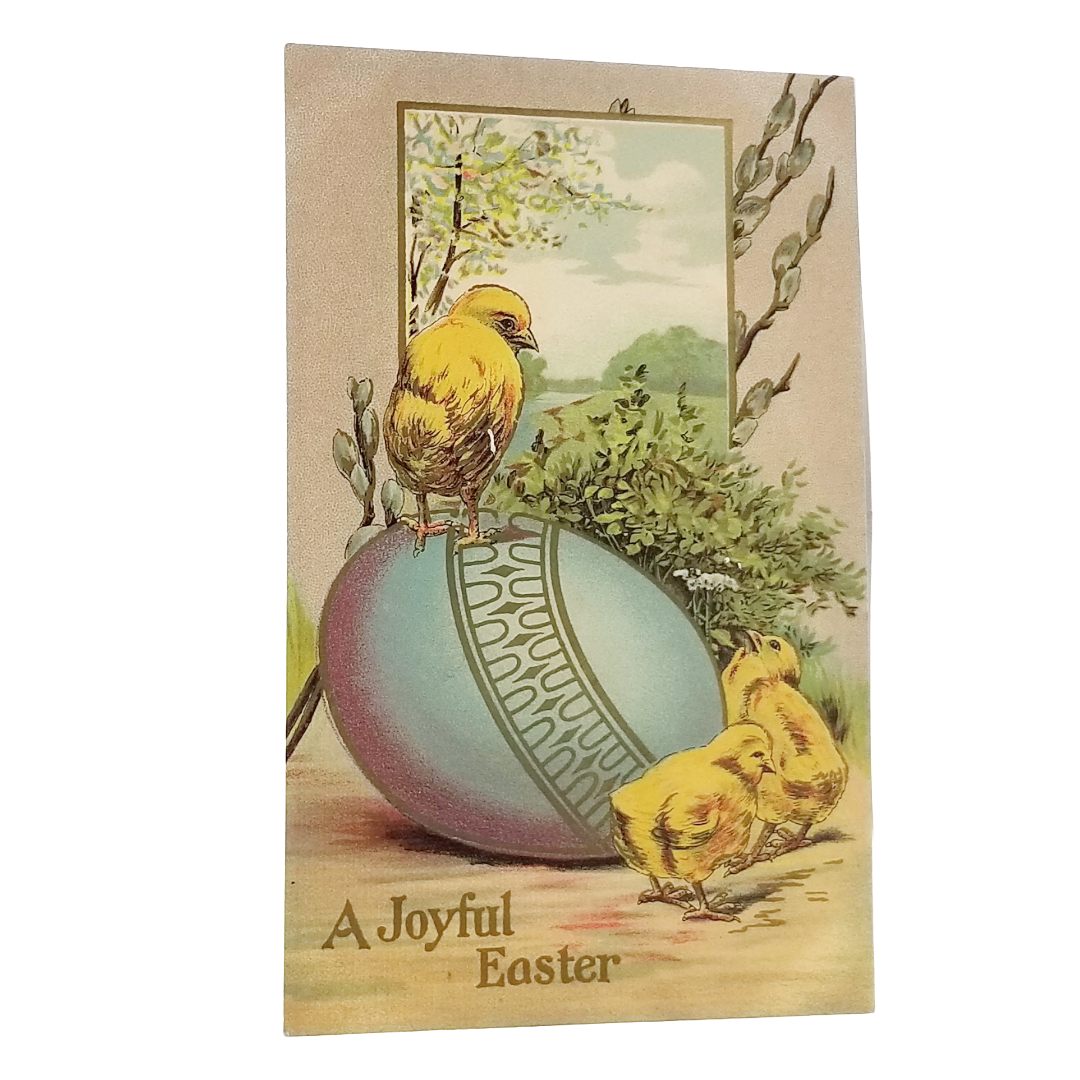 Easter Postcard Baby Chicks on Blue Eggs Gold Highlights