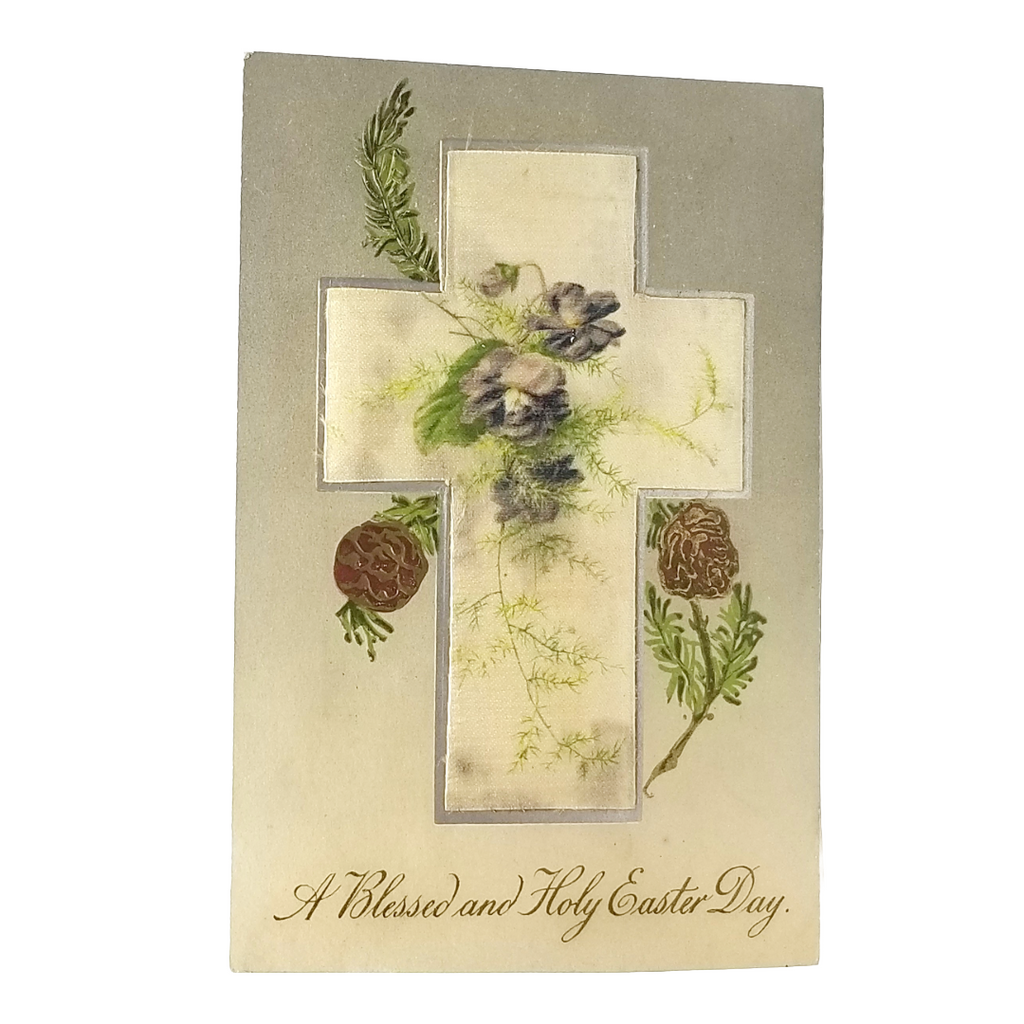 Easter Postcard Silk Cross w/ Gold & Purple Flowers Winsch Pub