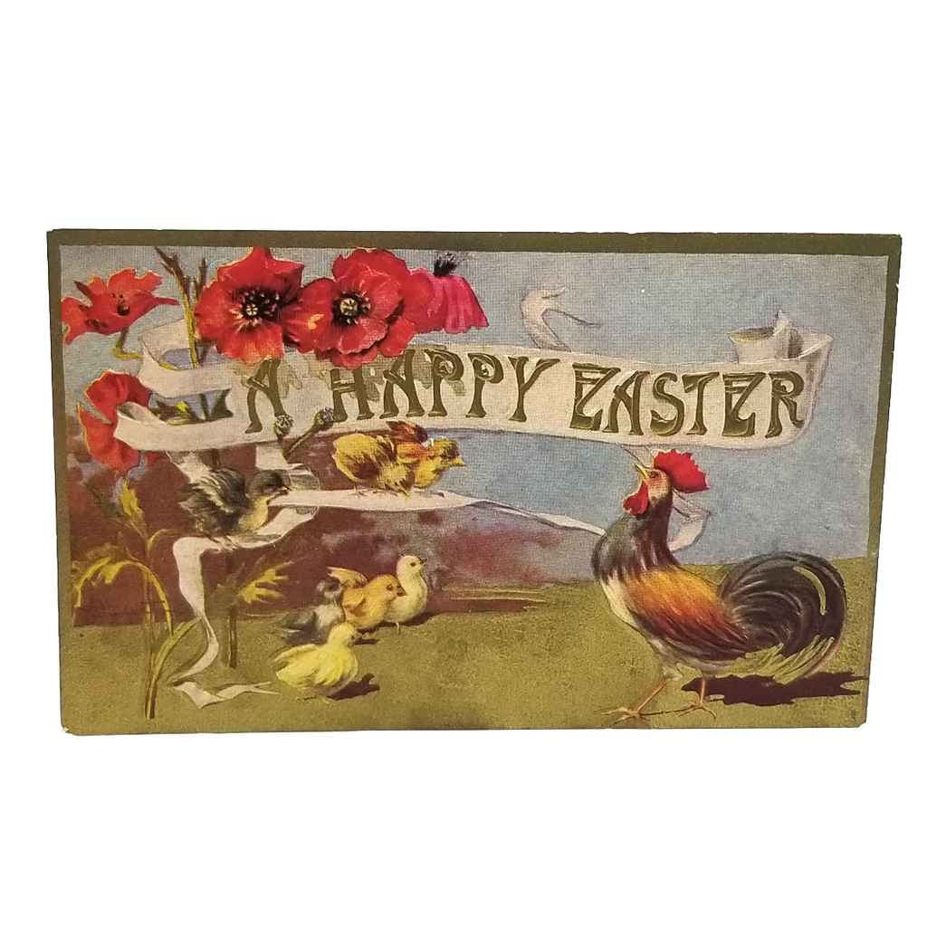 Easter Postcard Art Nouveau Style Rooster & Chicks w/ Flowers