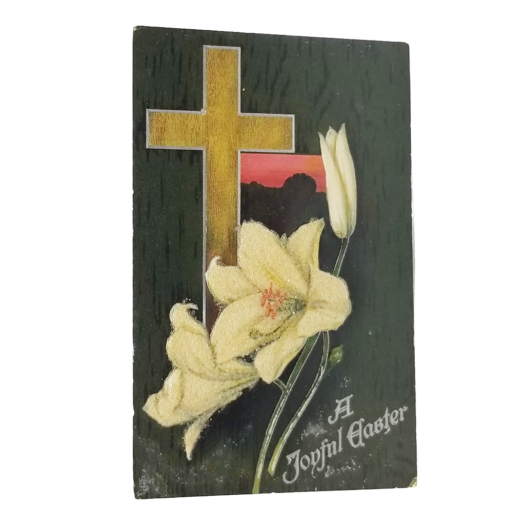 Easter Postcard Raised Applied Glitter White Lilies Gold Cross Tuck Series 1720