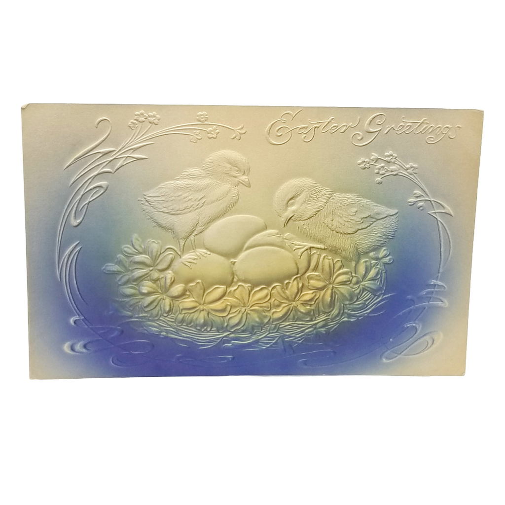 Easter Postcard Airbrush Style Baby Chicks Over Nest of Eggs