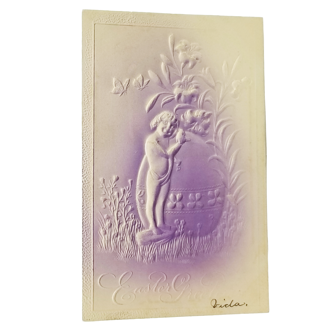 Easter Postcard Airbrush Style Cherub Standing w/ Giant Egg & Flowers