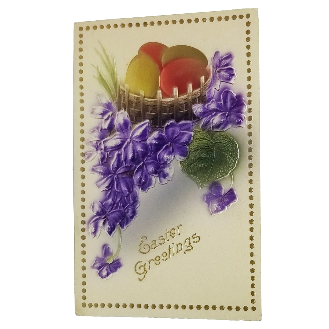 Easter Postcard Airbrush Style Flowers & Painted Eggs Heavy Embossed Hand Painted