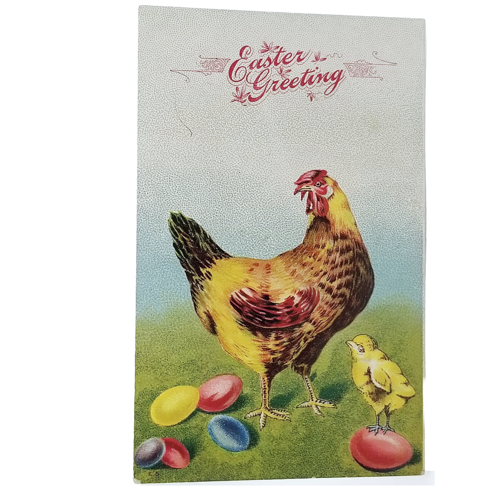 Easter Postcard Hen & Baby Chick on Painted Eggs