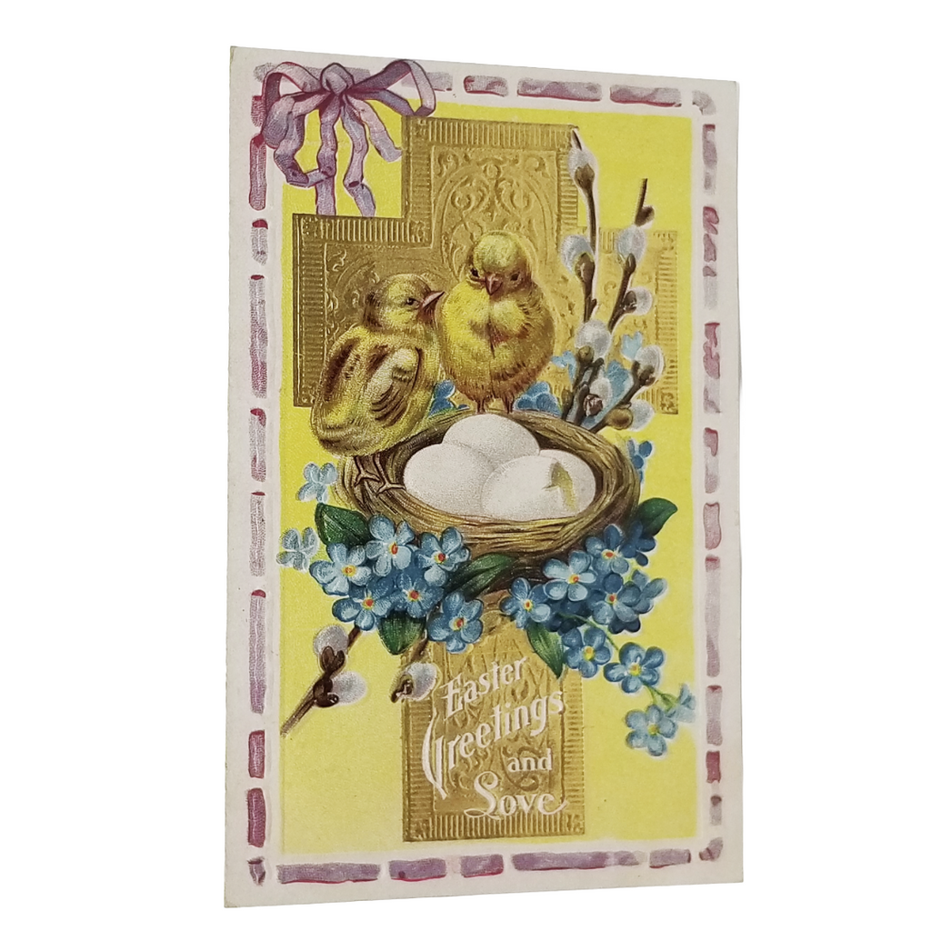 Easter Postcard Baby Chicks Watching Nest of Eggs Gold Embossed Cross w/ Flowers
