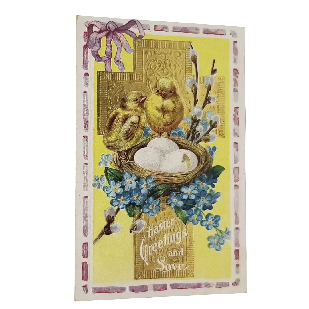 Easter Postcard Baby Chicks Watching Nest of Eggs Gold Embossed Cross w/ Flowers