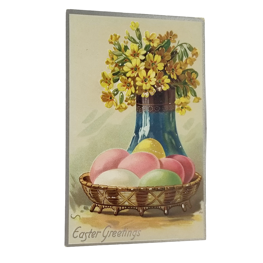 Easter Postcard Baby Chicks Watching Nest of Eggs Gold Embossed Cross w/ Flowers