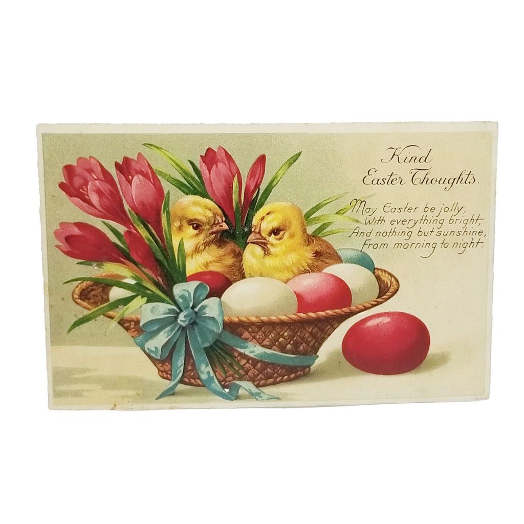Easter Postcard Chicks in Basket of Painted Eggs Red Tulips Near Series 7265