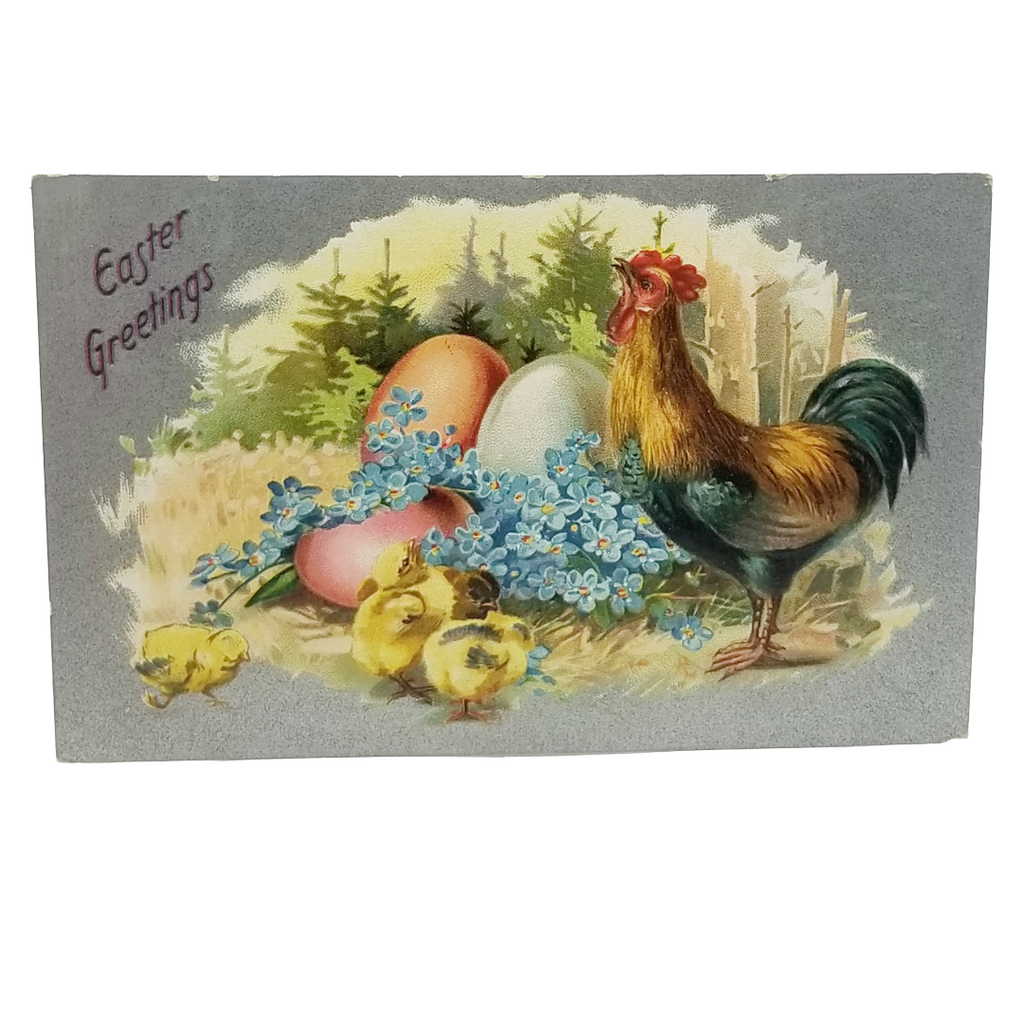 Easter Postcard Rooster with Baby Chicks & Painted Eggs Tuck 101