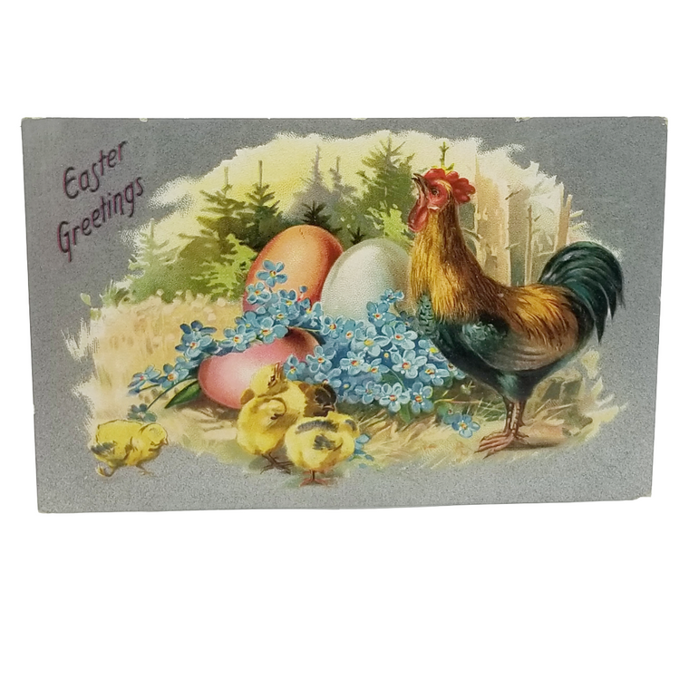 Easter Postcard Rooster with Baby Chicks & Painted Eggs Tuck 101