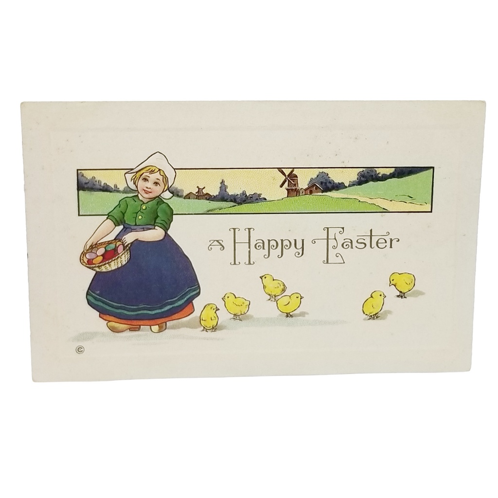 Easter Postcard Dutch Girl Feeding Baby Chicks Series 304F