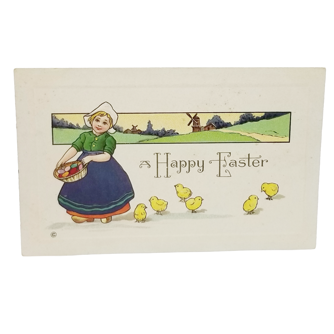Easter Postcard Dutch Girl Feeding Baby Chicks Series 304F