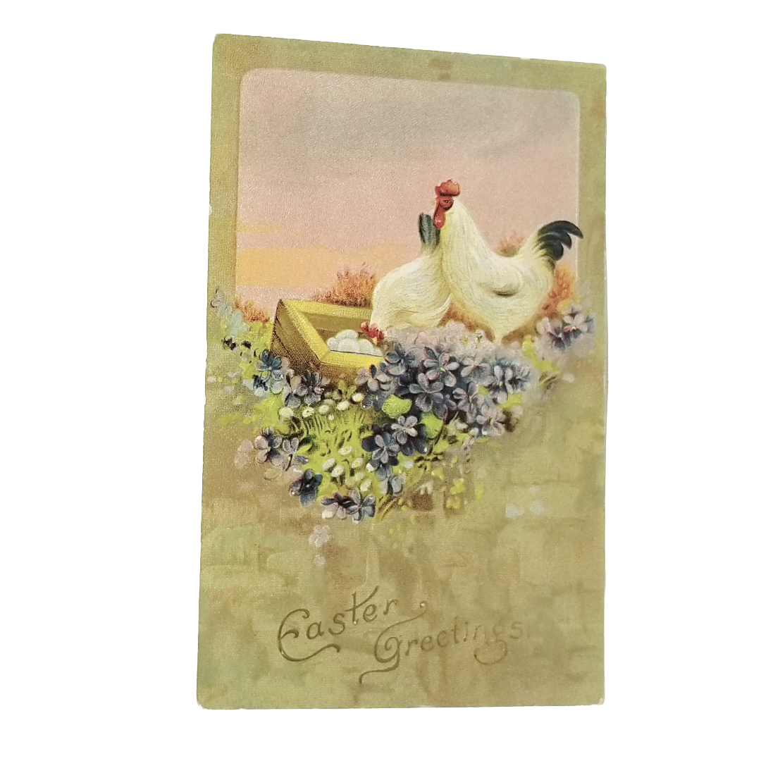 Easter Postcard  White Chickens in Grass w/ Purple Flowers & Basket of Eggs Gold Embossed