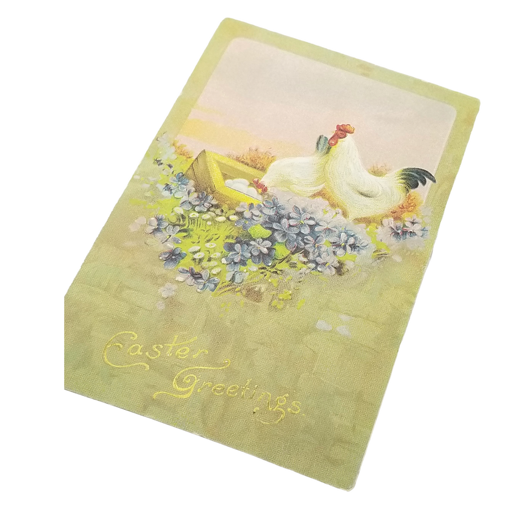 Easter Postcard  White Chickens in Grass w/ Purple Flowers & Basket of Eggs Gold Embossed