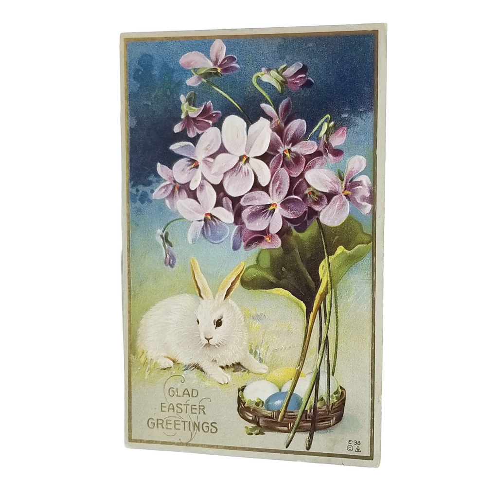 Easter Postcard White Bunny Rabbit, Painted Eggs, Vase of Violets