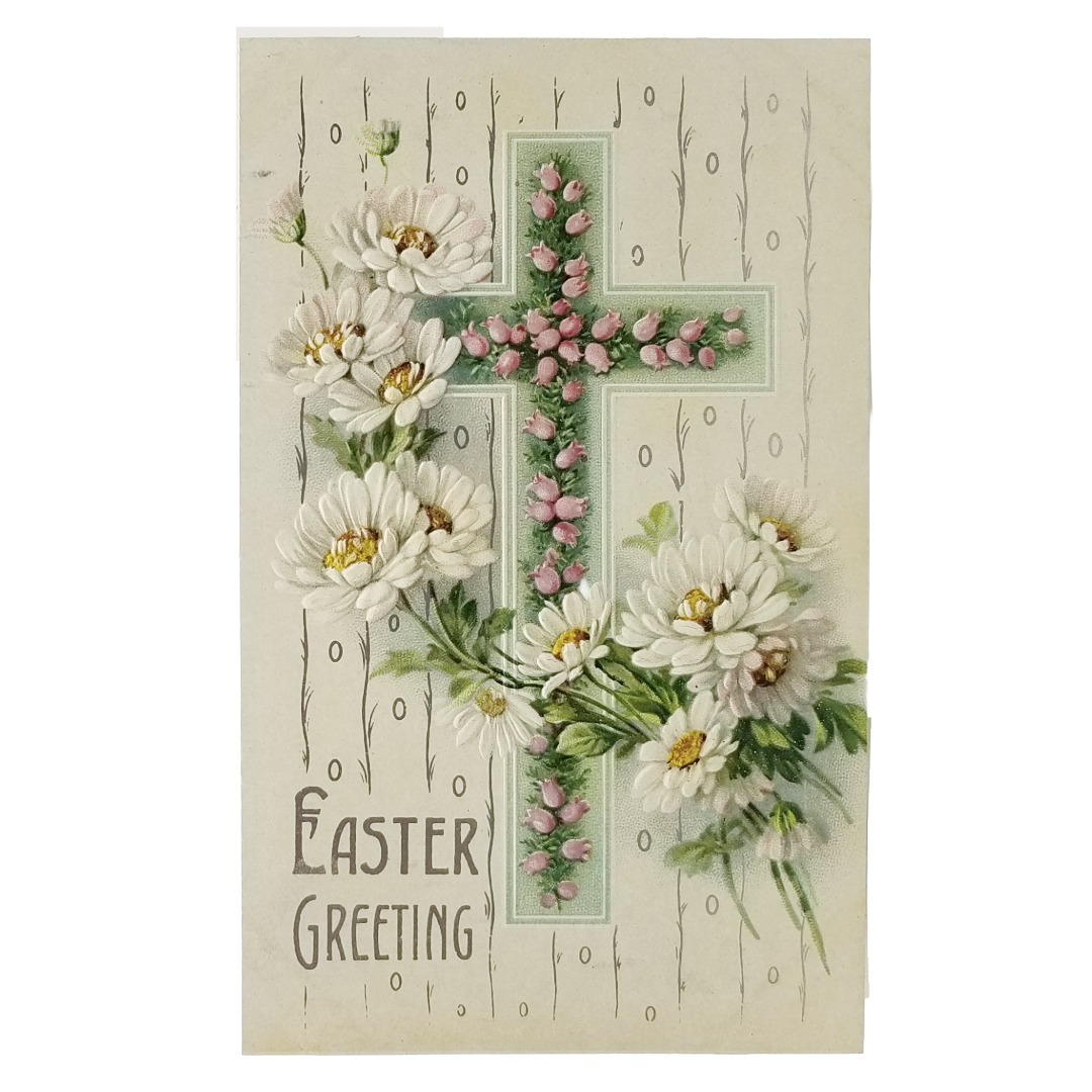 Easter Postcard White Flowers with Pink Floral Cross Silver Embossed Card