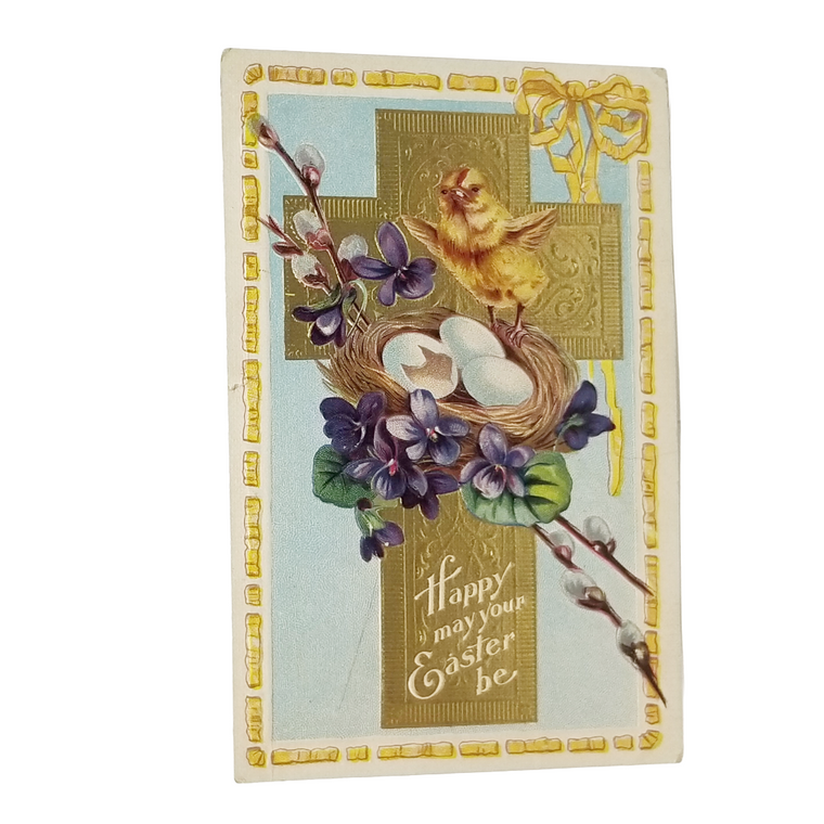 Easter Postcard Gold Embossed Cross with Flowers Baby Chick & Egg Nest
