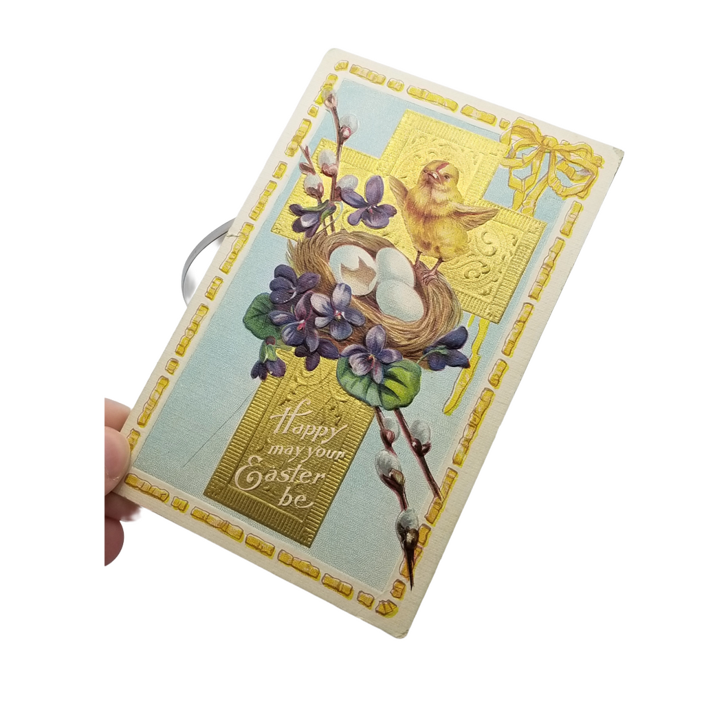Easter Postcard Gold Embossed Cross with Flowers Baby Chick & Egg Nest