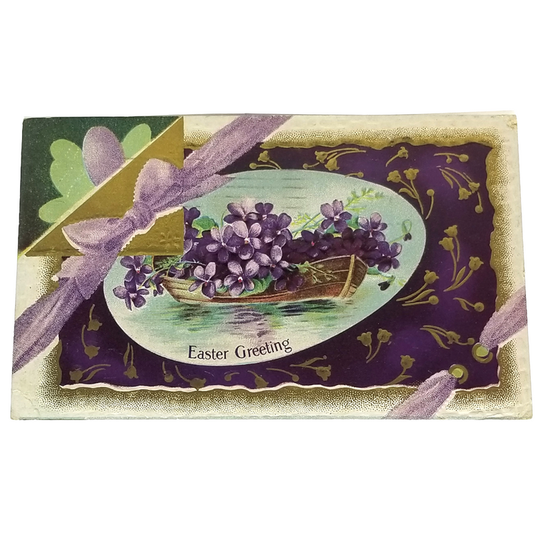 Easter Postcard Violets in a Row Boat on Water