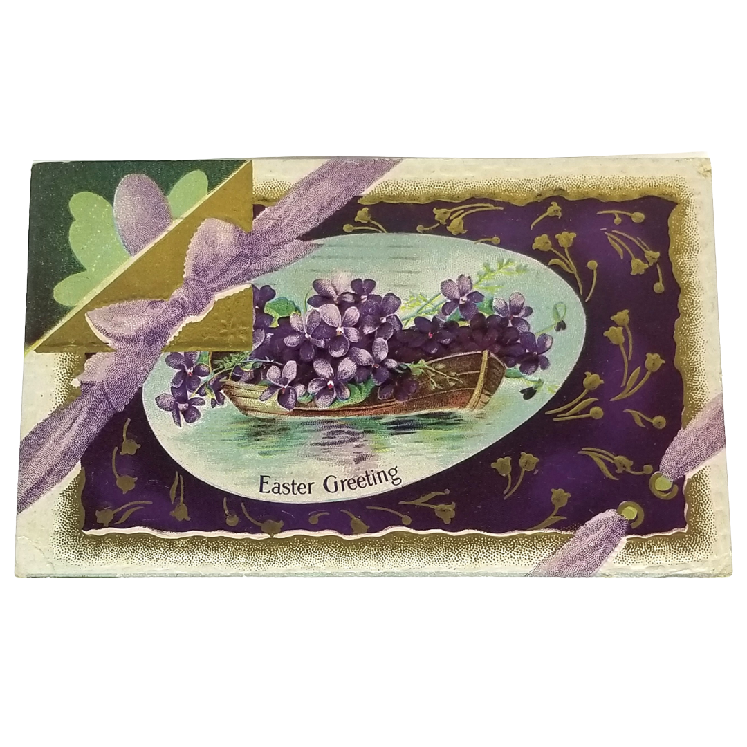 Easter Postcard Violets in a Row Boat on Water