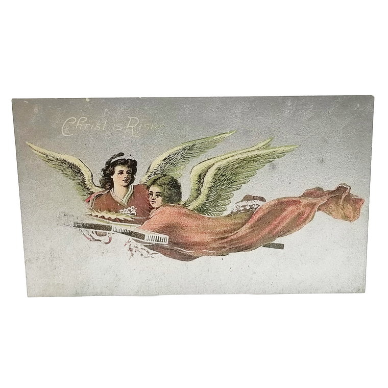 Easter Postcard Angels Flying on Cross Silver Background