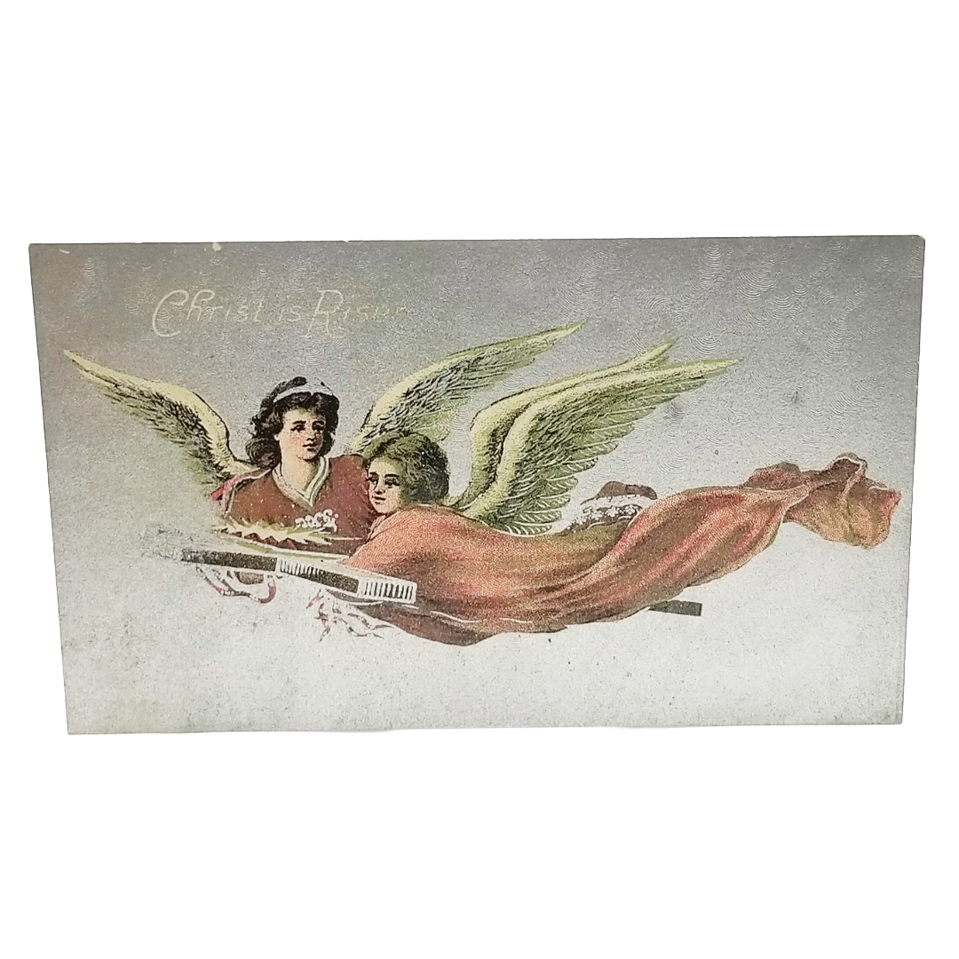 Easter Postcard Angels Flying on Cross Silver Background