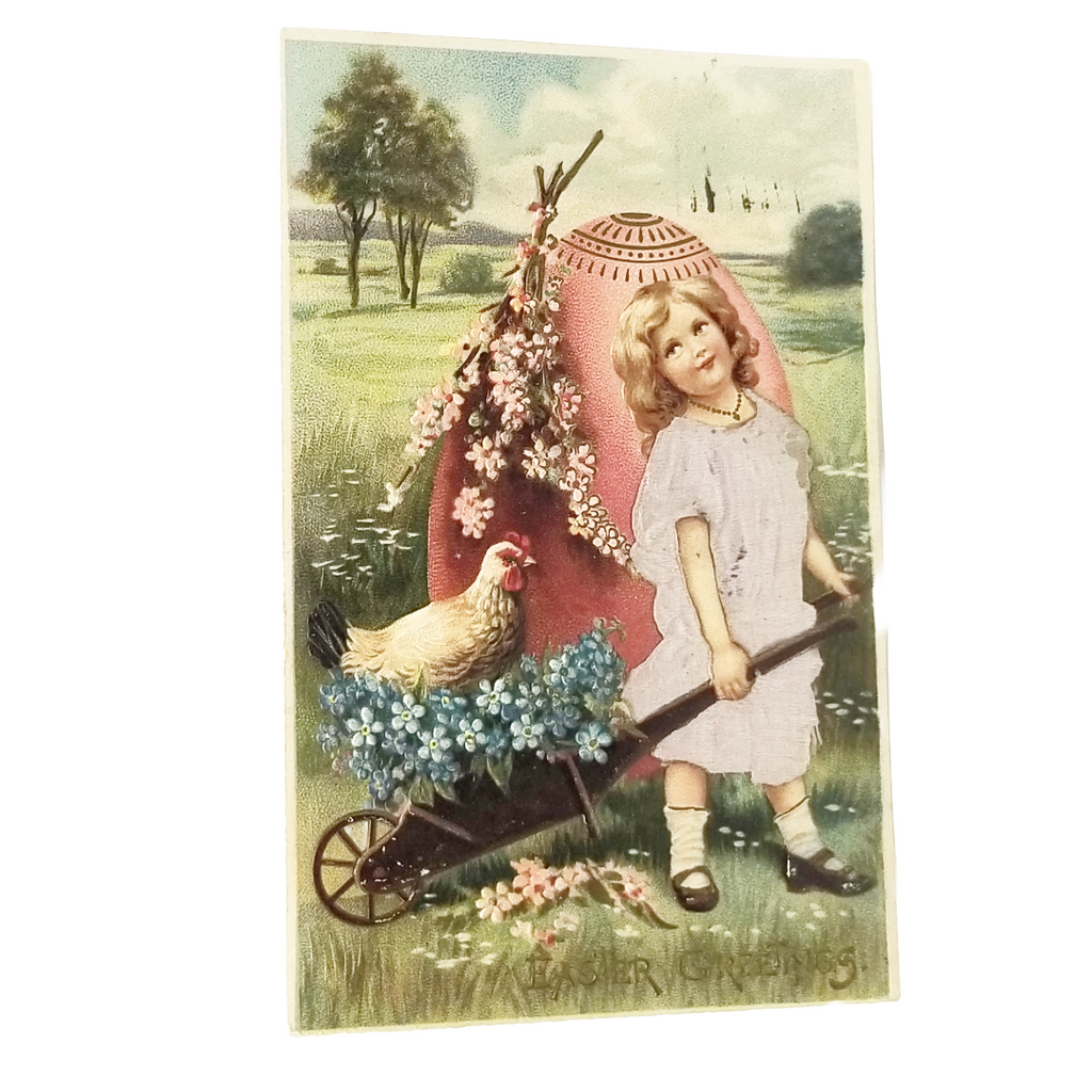 Easter Postcard Girl in Silk Dress Pulling Wagon of Flowers & Large Egg Winsch Pub