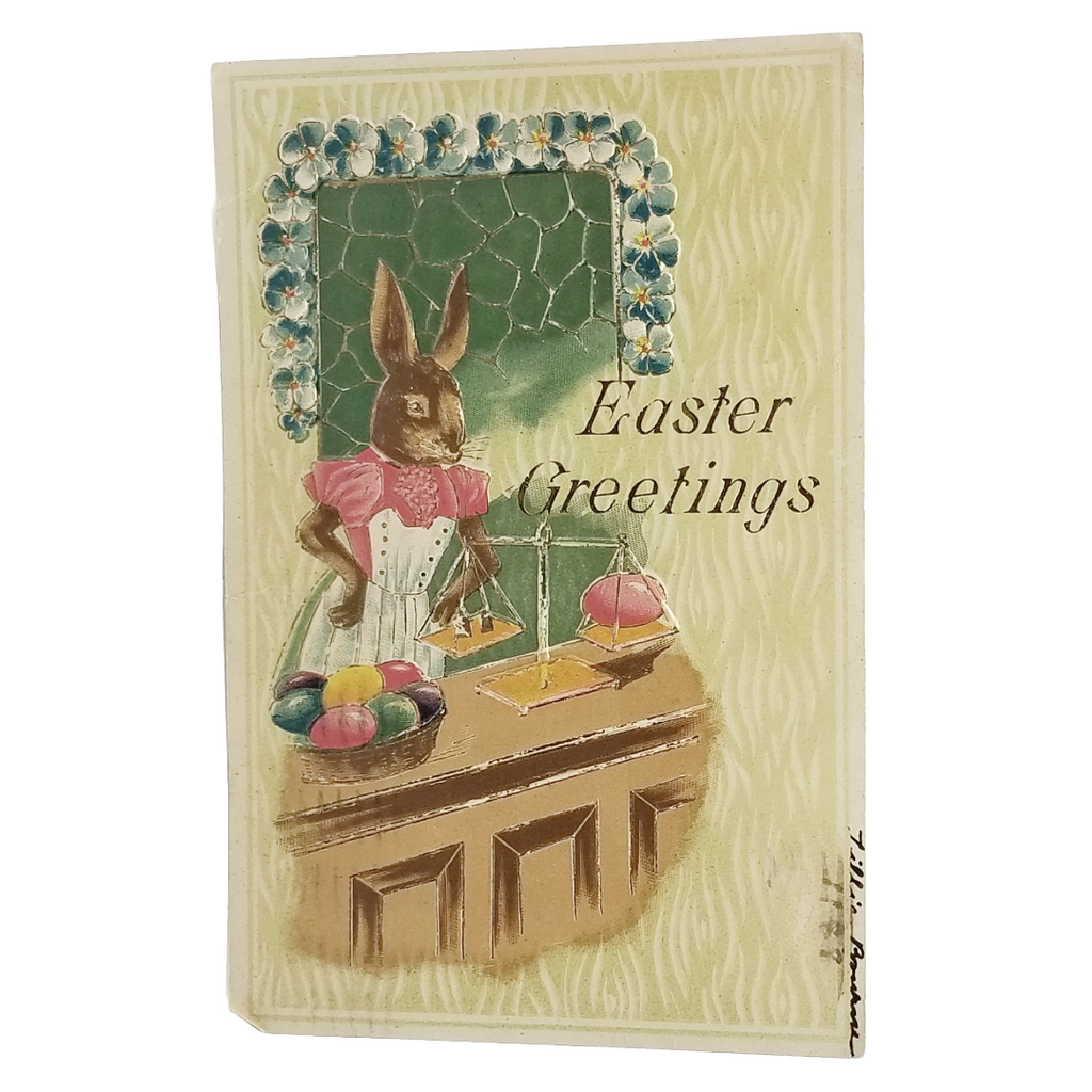 Easter Postcard Embossed Anthropomorphic Rabbit Shopkeeper Weighing Painted Eggs