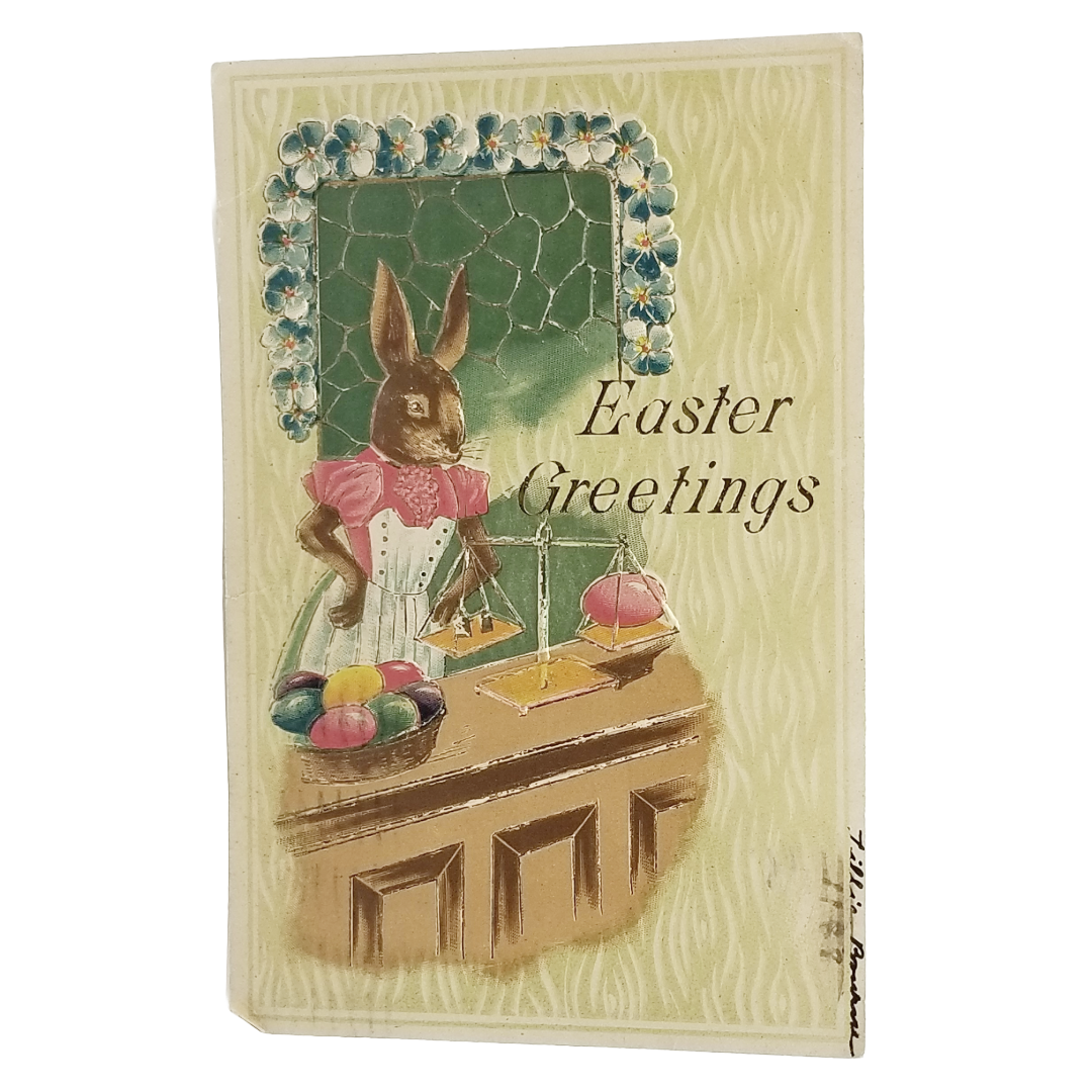 Easter Postcard Embossed Anthropomorphic Rabbit Shopkeeper Weighing Painted Eggs