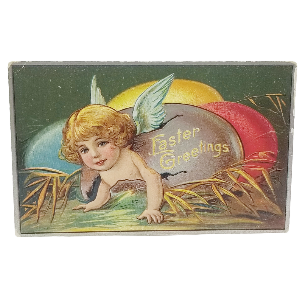 Easter Postcard Cupid Child Hatching From Painted Egg Nest Series No. 1