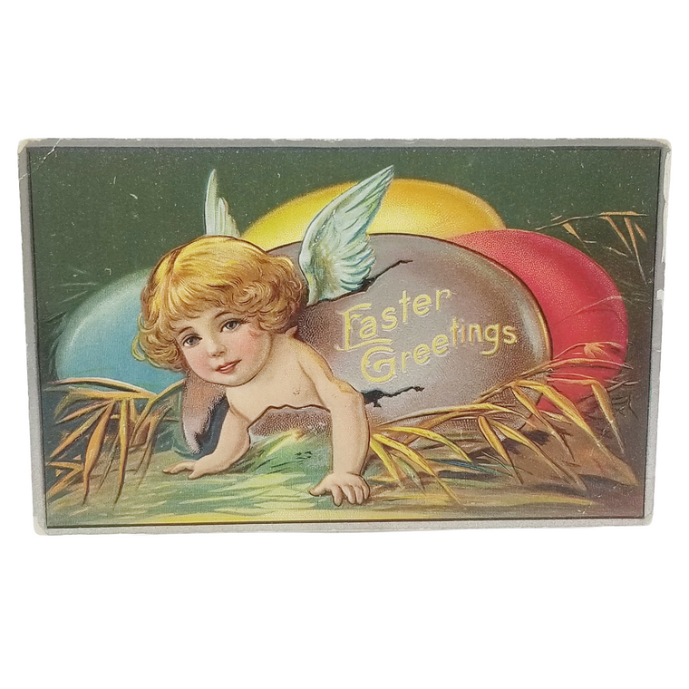 Easter Postcard Cupid Child Hatching From Painted Egg Nest Series No. 1