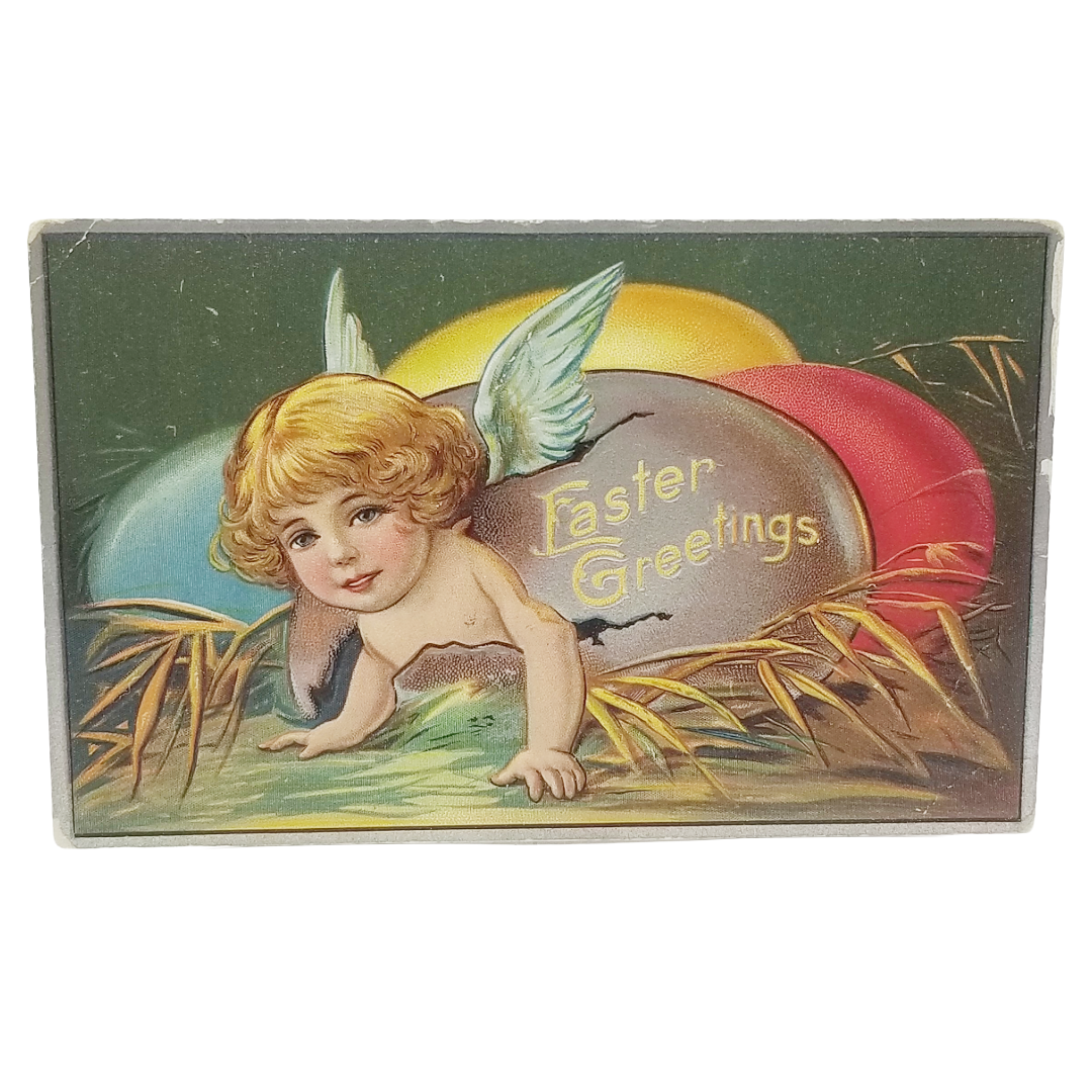 Easter Postcard Cupid Child Hatching From Painted Egg Nest Series No. 1
