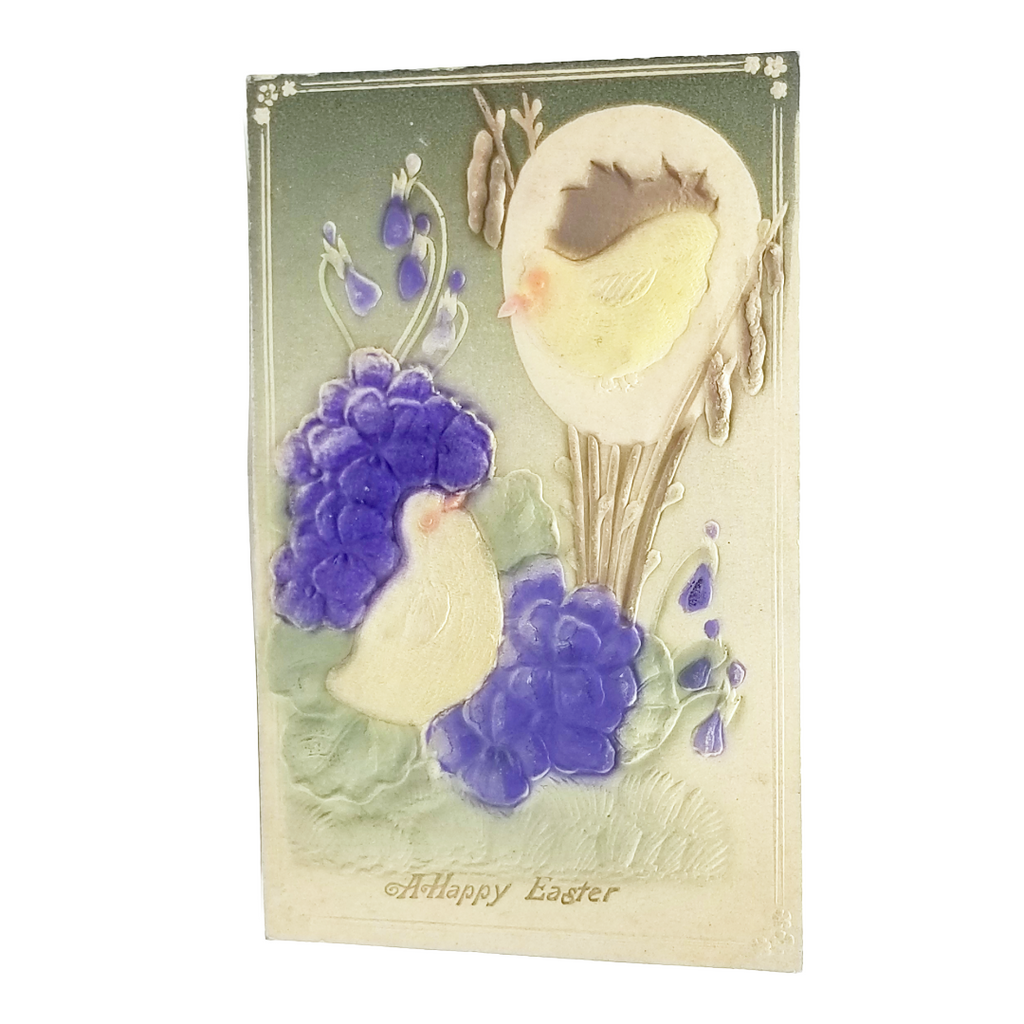 Easter Postcard Heavy Embossed Airbrush Style Baby Chicks Flowers & Eggs