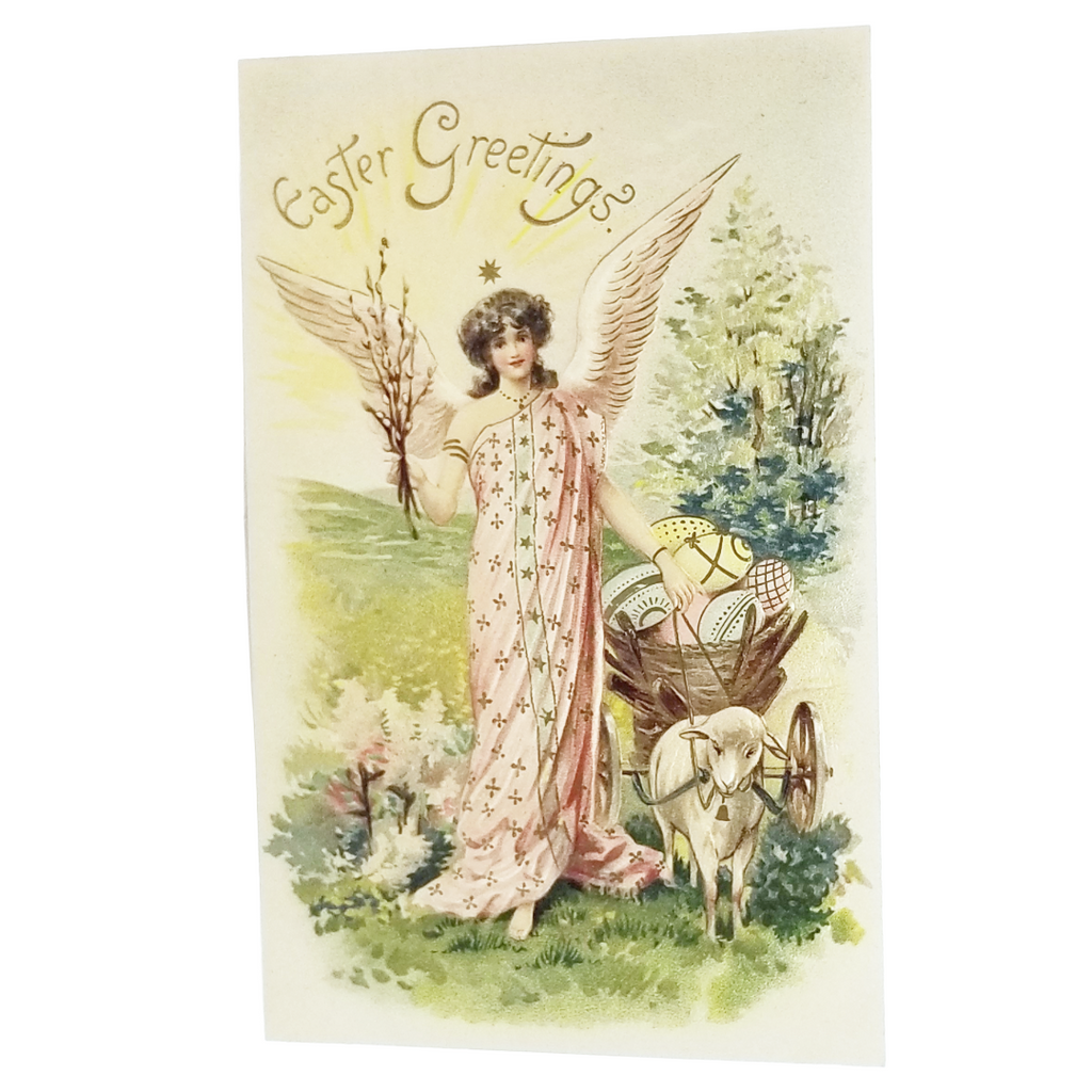 Easter Postcard Angel in Pink Gold w/ Lamb Pulling Egg Cart