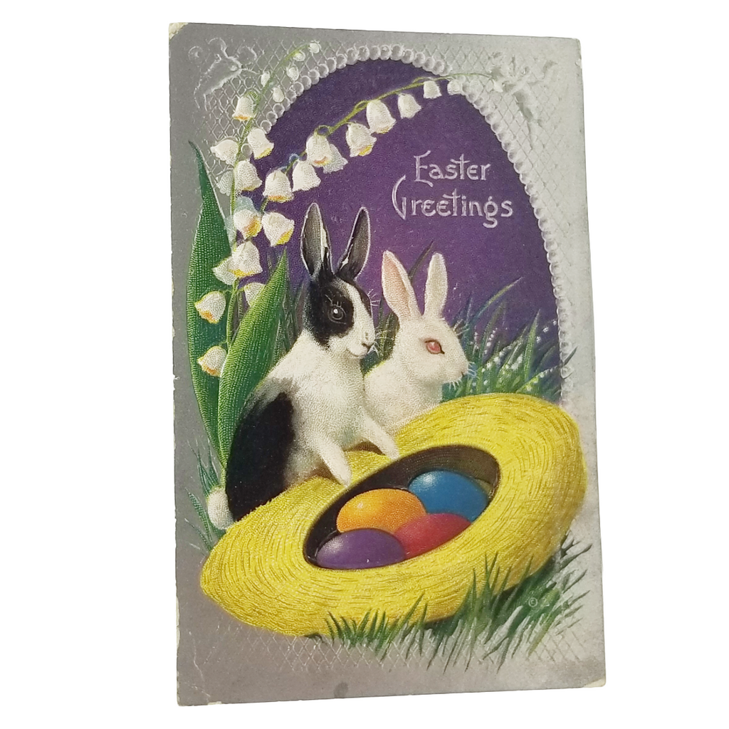 Easter Postcard Two Bunny Rabbits w/ Hat of Painted Eggs Silver Embossed Card Series 23